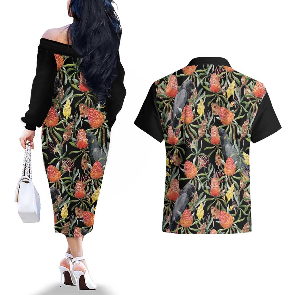 Australia Black Cockatoo And Banksia Flowers Couples Matching Off The Shoulder Long Sleeve Dress and Hawaiian Shirt