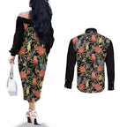 Australia Black Cockatoo And Banksia Flowers Couples Matching Off The Shoulder Long Sleeve Dress and Long Sleeve Button Shirt