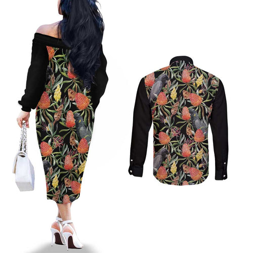 Australia Black Cockatoo And Banksia Flowers Couples Matching Off The Shoulder Long Sleeve Dress and Long Sleeve Button Shirt