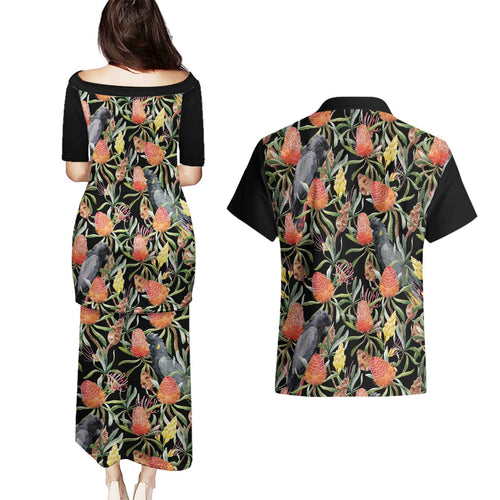 Australia Black Cockatoo And Banksia Flowers Couples Matching Puletasi and Hawaiian Shirt