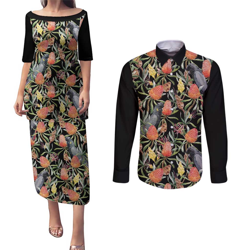 Australia Black Cockatoo And Banksia Flowers Couples Matching Puletasi and Long Sleeve Button Shirt