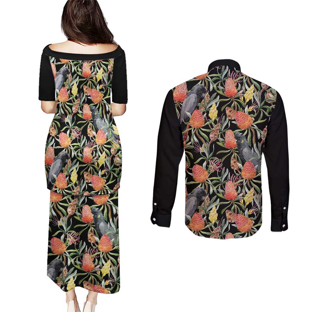 Australia Black Cockatoo And Banksia Flowers Couples Matching Puletasi and Long Sleeve Button Shirt