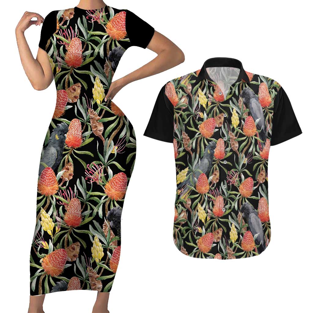 Australia Black Cockatoo And Banksia Flowers Couples Matching Short Sleeve Bodycon Dress and Hawaiian Shirt
