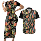 Australia Black Cockatoo And Banksia Flowers Couples Matching Short Sleeve Bodycon Dress and Hawaiian Shirt
