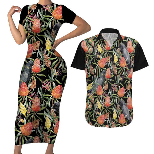 Australia Black Cockatoo And Banksia Flowers Couples Matching Short Sleeve Bodycon Dress and Hawaiian Shirt