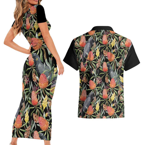 Australia Black Cockatoo And Banksia Flowers Couples Matching Short Sleeve Bodycon Dress and Hawaiian Shirt