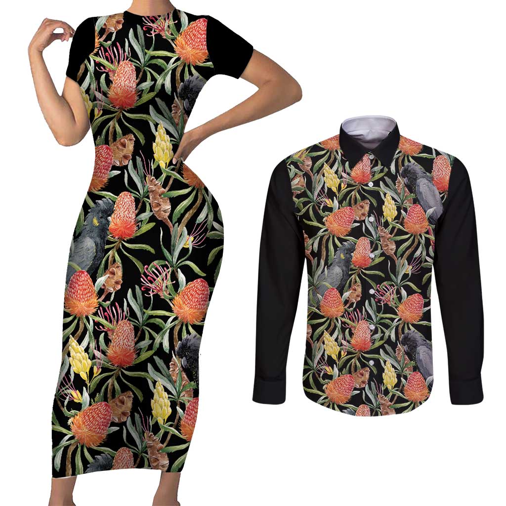Australia Black Cockatoo And Banksia Flowers Couples Matching Short Sleeve Bodycon Dress and Long Sleeve Button Shirt
