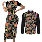 Australia Black Cockatoo And Banksia Flowers Couples Matching Short Sleeve Bodycon Dress and Long Sleeve Button Shirt