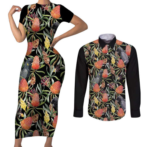 Australia Black Cockatoo And Banksia Flowers Couples Matching Short Sleeve Bodycon Dress and Long Sleeve Button Shirt