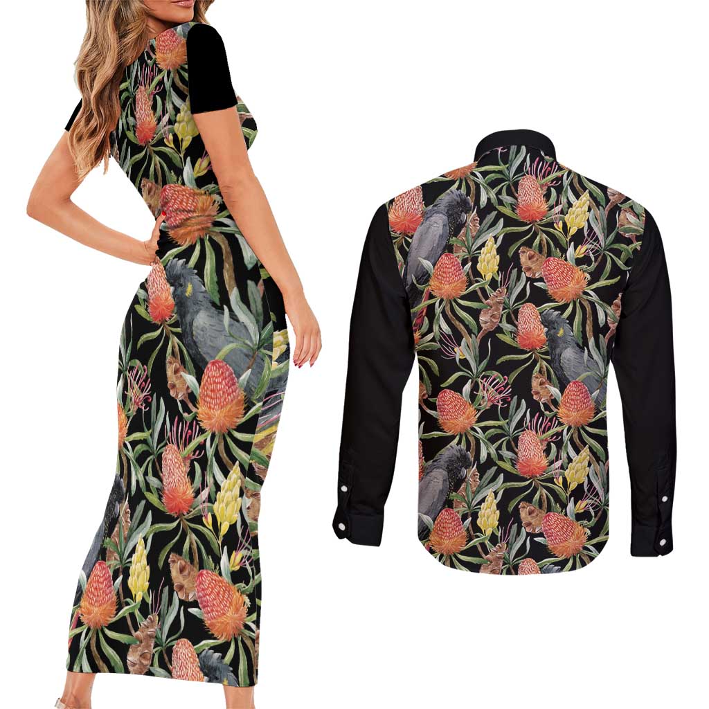 Australia Black Cockatoo And Banksia Flowers Couples Matching Short Sleeve Bodycon Dress and Long Sleeve Button Shirt