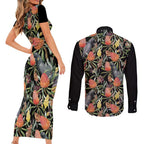 Australia Black Cockatoo And Banksia Flowers Couples Matching Short Sleeve Bodycon Dress and Long Sleeve Button Shirt