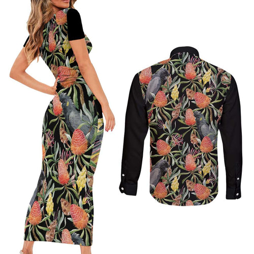 Australia Black Cockatoo And Banksia Flowers Couples Matching Short Sleeve Bodycon Dress and Long Sleeve Button Shirt