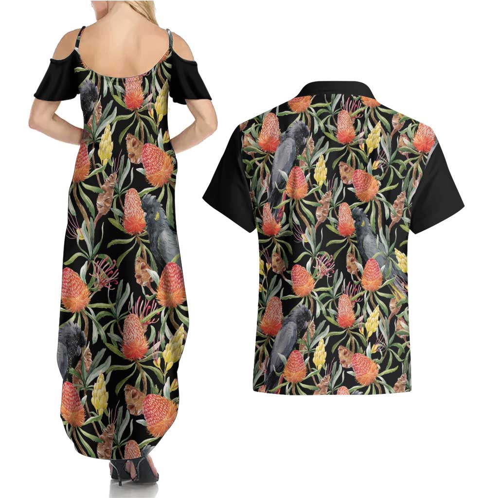 Australia Black Cockatoo And Banksia Flowers Couples Matching Summer Maxi Dress and Hawaiian Shirt