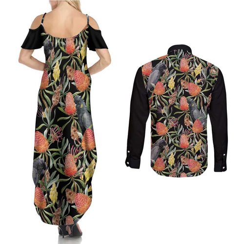 Australia Black Cockatoo And Banksia Flowers Couples Matching Summer Maxi Dress and Long Sleeve Button Shirt