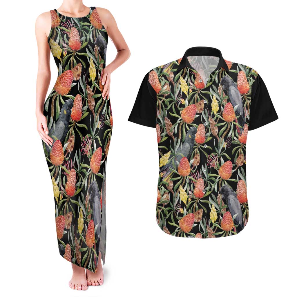Australia Black Cockatoo And Banksia Flowers Couples Matching Tank Maxi Dress and Hawaiian Shirt