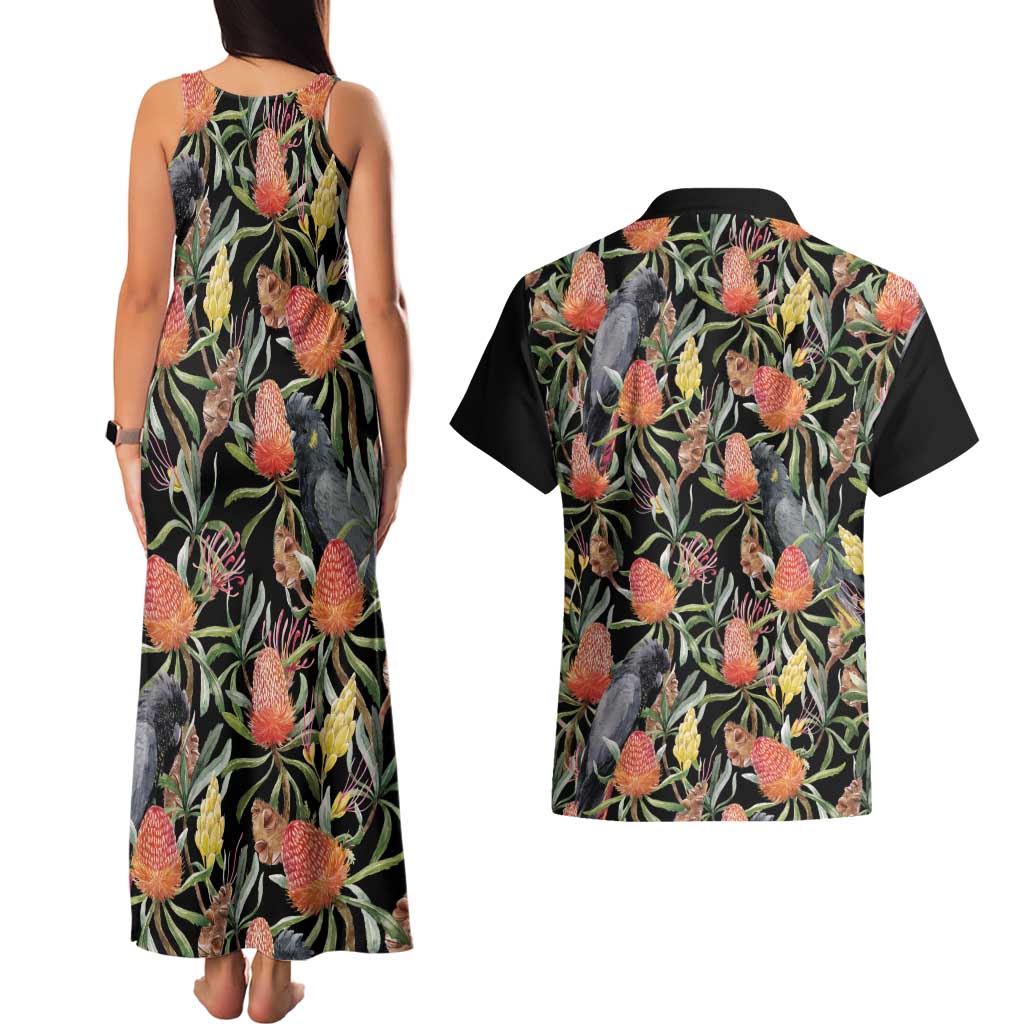 Australia Black Cockatoo And Banksia Flowers Couples Matching Tank Maxi Dress and Hawaiian Shirt