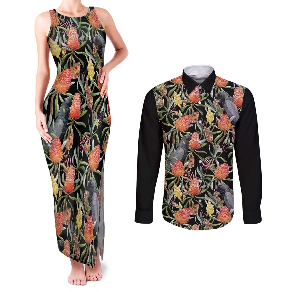 Australia Black Cockatoo And Banksia Flowers Couples Matching Tank Maxi Dress and Long Sleeve Button Shirt