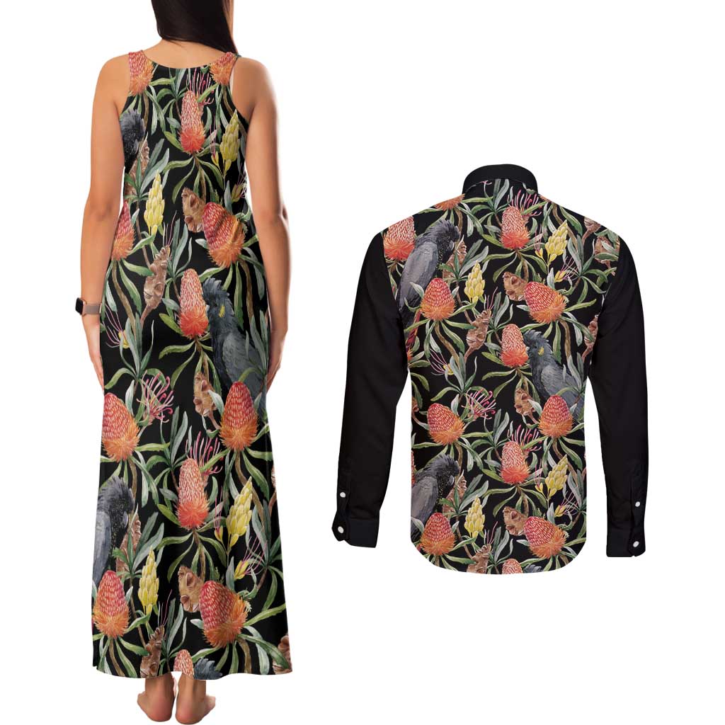 Australia Black Cockatoo And Banksia Flowers Couples Matching Tank Maxi Dress and Long Sleeve Button Shirt