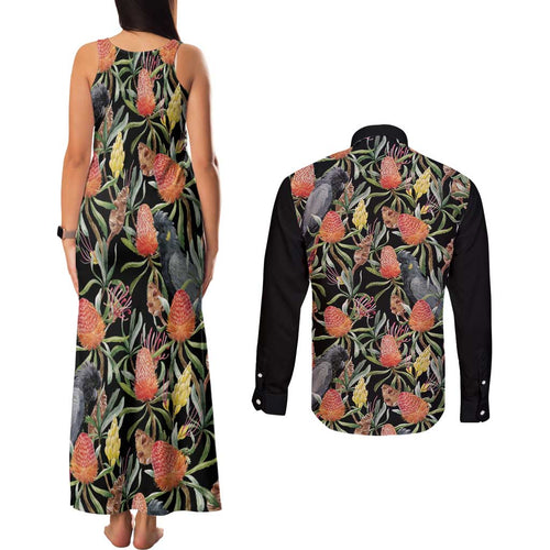 Australia Black Cockatoo And Banksia Flowers Couples Matching Tank Maxi Dress and Long Sleeve Button Shirt