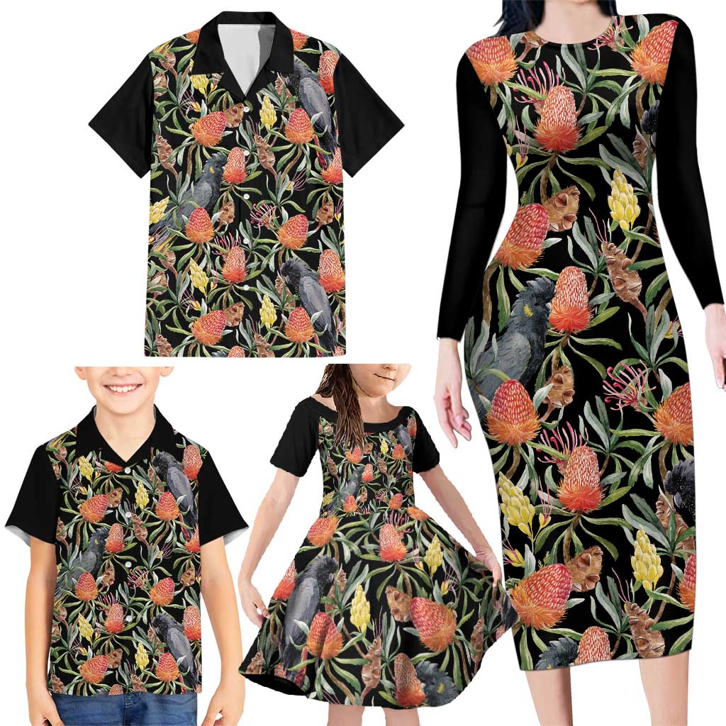Australia Black Cockatoo And Banksia Flowers Family Matching Long Sleeve Bodycon Dress and Hawaiian Shirt