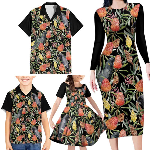Australia Black Cockatoo And Banksia Flowers Family Matching Long Sleeve Bodycon Dress and Hawaiian Shirt