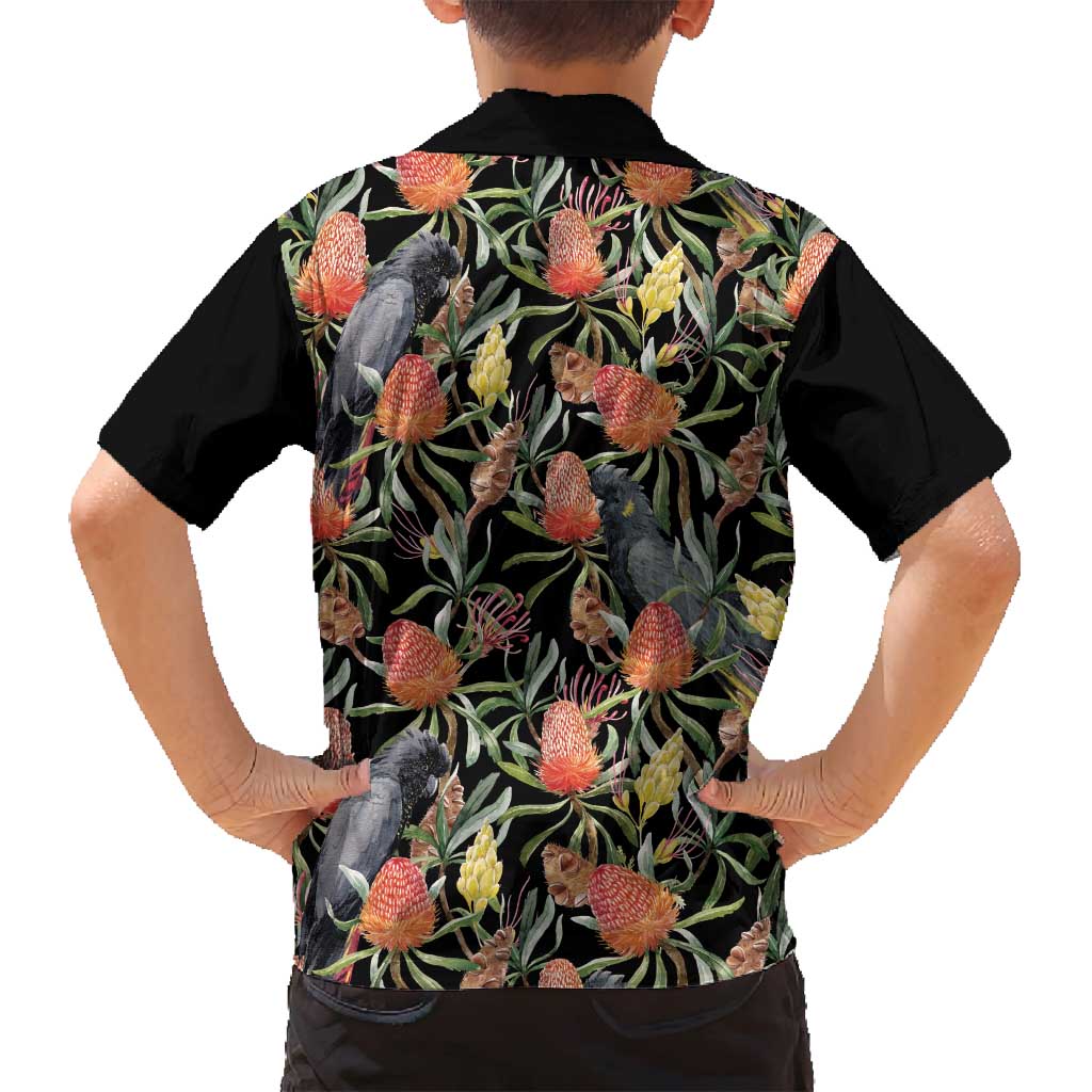 Australia Black Cockatoo And Banksia Flowers Family Matching Long Sleeve Bodycon Dress and Hawaiian Shirt