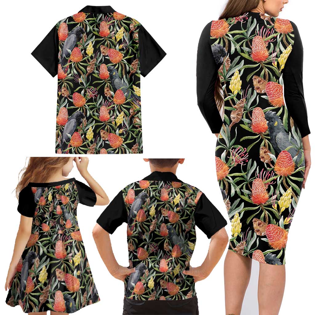 Australia Black Cockatoo And Banksia Flowers Family Matching Long Sleeve Bodycon Dress and Hawaiian Shirt