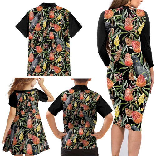 Australia Black Cockatoo And Banksia Flowers Family Matching Long Sleeve Bodycon Dress and Hawaiian Shirt