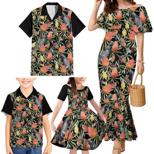 Australia Black Cockatoo And Banksia Flowers Family Matching Mermaid Dress and Hawaiian Shirt