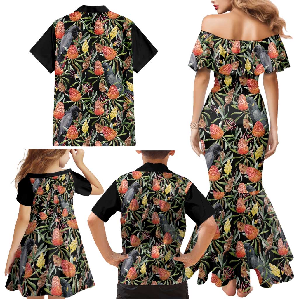 Australia Black Cockatoo And Banksia Flowers Family Matching Mermaid Dress and Hawaiian Shirt