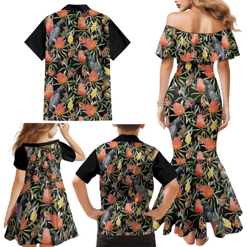 Australia Black Cockatoo And Banksia Flowers Family Matching Mermaid Dress and Hawaiian Shirt