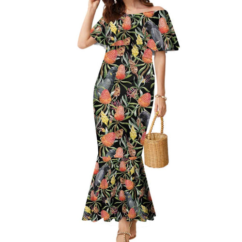 Australia Black Cockatoo And Banksia Flowers Family Matching Mermaid Dress and Hawaiian Shirt