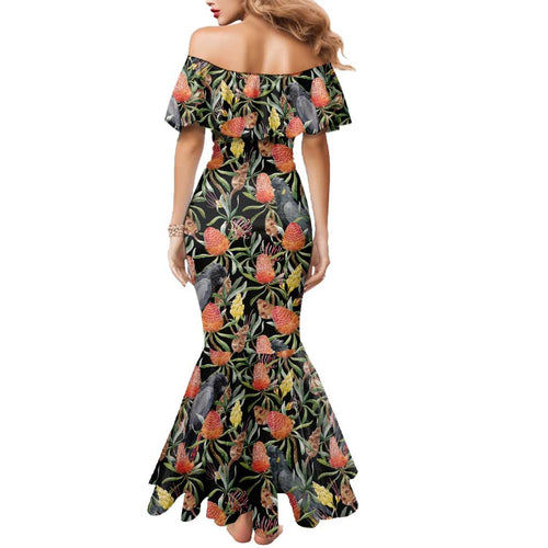 Australia Black Cockatoo And Banksia Flowers Family Matching Mermaid Dress and Hawaiian Shirt