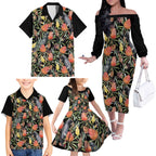 Australia Black Cockatoo And Banksia Flowers Family Matching Off The Shoulder Long Sleeve Dress and Hawaiian Shirt