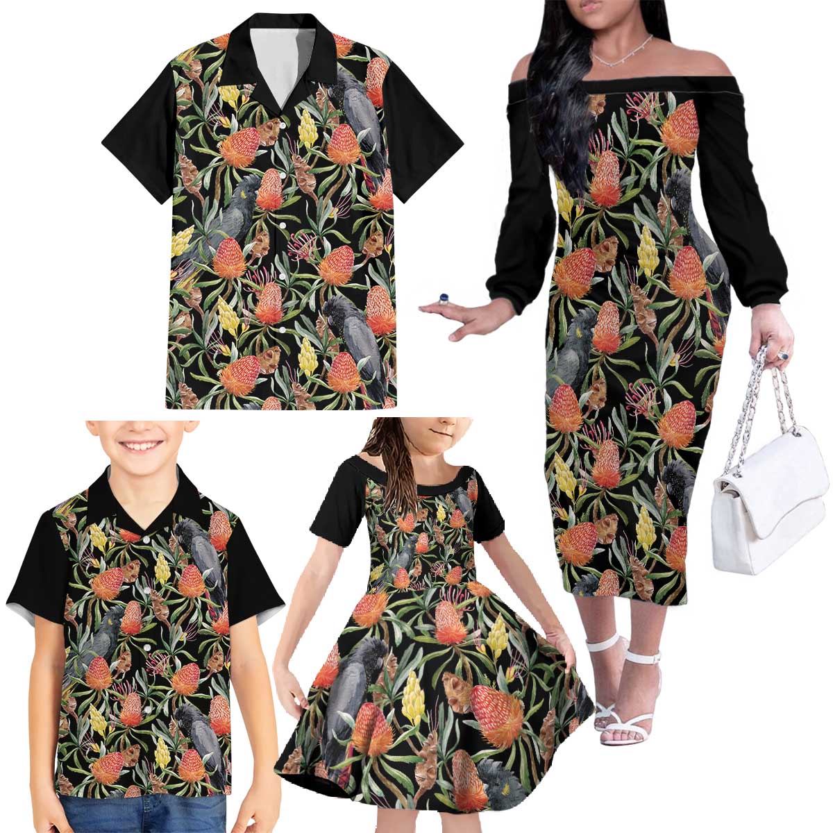 Australia Black Cockatoo And Banksia Flowers Family Matching Off The Shoulder Long Sleeve Dress and Hawaiian Shirt