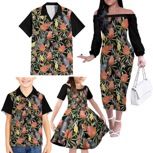 Australia Black Cockatoo And Banksia Flowers Family Matching Off The Shoulder Long Sleeve Dress and Hawaiian Shirt