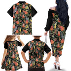 Australia Black Cockatoo And Banksia Flowers Family Matching Off The Shoulder Long Sleeve Dress and Hawaiian Shirt