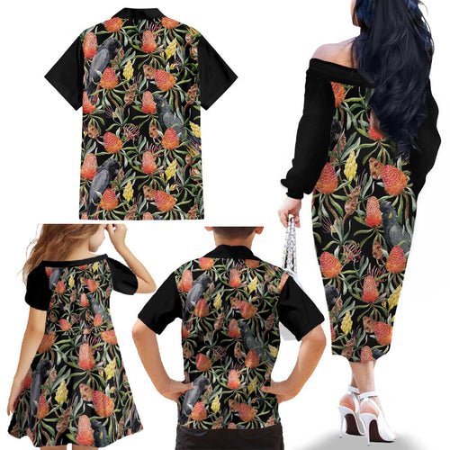 Australia Black Cockatoo And Banksia Flowers Family Matching Off The Shoulder Long Sleeve Dress and Hawaiian Shirt