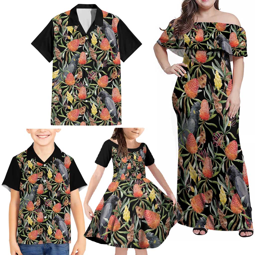 Australia Black Cockatoo And Banksia Flowers Family Matching Off Shoulder Maxi Dress and Hawaiian Shirt