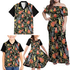Australia Black Cockatoo And Banksia Flowers Family Matching Off Shoulder Maxi Dress and Hawaiian Shirt