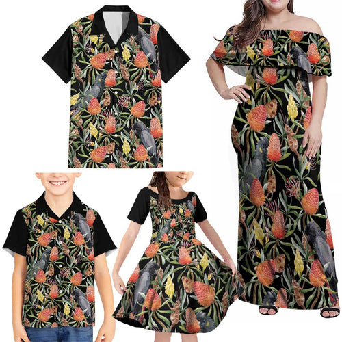 Australia Black Cockatoo And Banksia Flowers Family Matching Off Shoulder Maxi Dress and Hawaiian Shirt