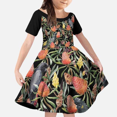 Australia Black Cockatoo And Banksia Flowers Family Matching Off Shoulder Maxi Dress and Hawaiian Shirt