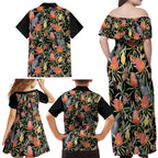 Australia Black Cockatoo And Banksia Flowers Family Matching Off Shoulder Maxi Dress and Hawaiian Shirt