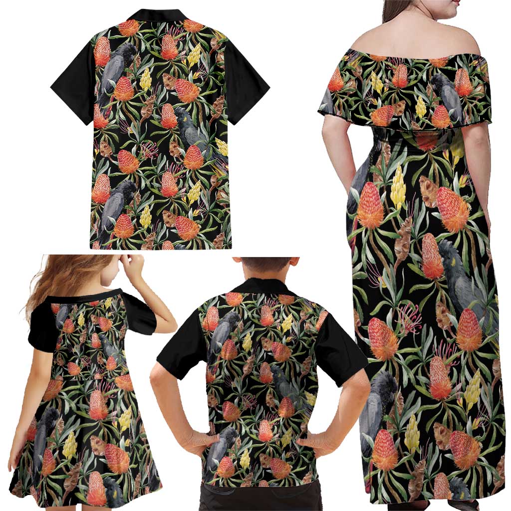 Australia Black Cockatoo And Banksia Flowers Family Matching Off Shoulder Maxi Dress and Hawaiian Shirt