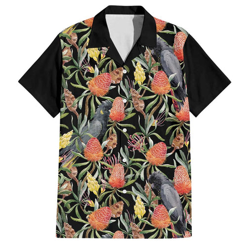 Australia Black Cockatoo And Banksia Flowers Family Matching Off Shoulder Maxi Dress and Hawaiian Shirt