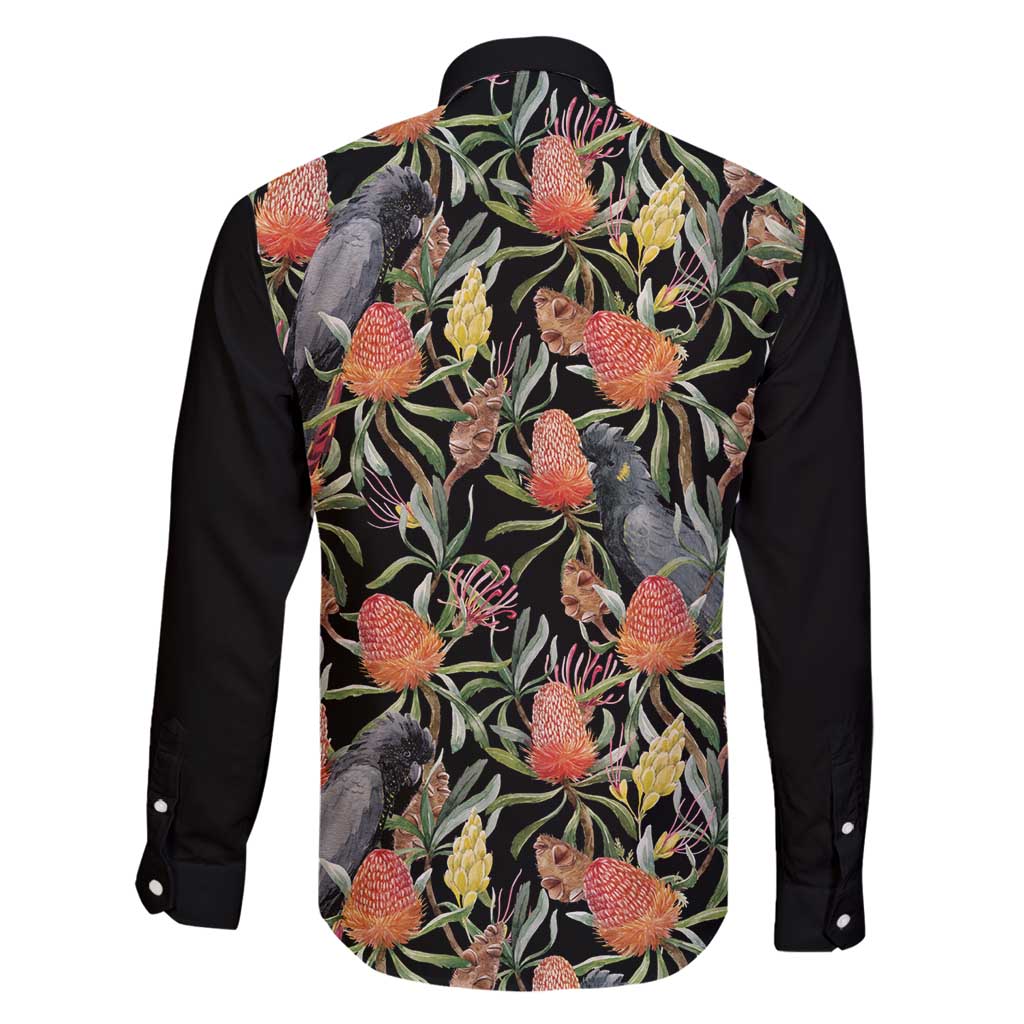 Australia Black Cockatoo And Banksia Flowers Family Matching Off Shoulder Maxi Dress and Hawaiian Shirt
