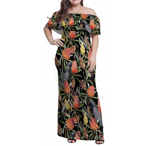 Australia Black Cockatoo And Banksia Flowers Family Matching Off Shoulder Maxi Dress and Hawaiian Shirt