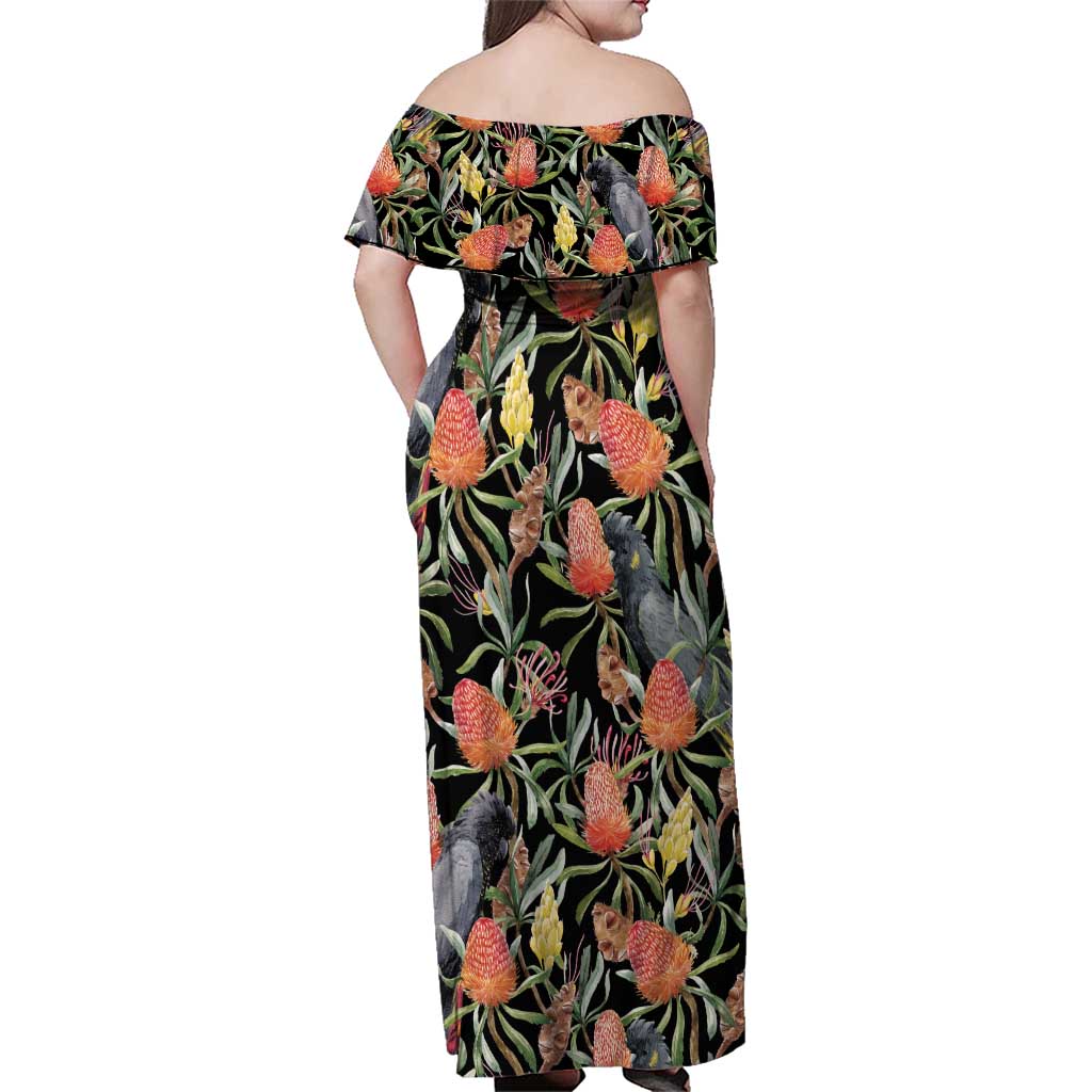Australia Black Cockatoo And Banksia Flowers Family Matching Off Shoulder Maxi Dress and Hawaiian Shirt