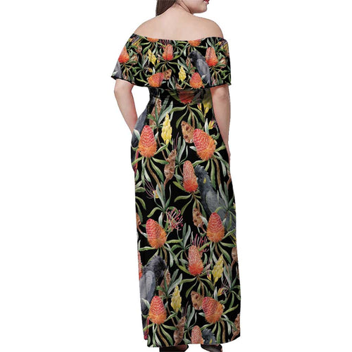 Australia Black Cockatoo And Banksia Flowers Family Matching Off Shoulder Maxi Dress and Hawaiian Shirt