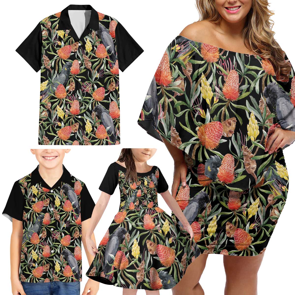 Australia Black Cockatoo And Banksia Flowers Family Matching Off Shoulder Short Dress and Hawaiian Shirt